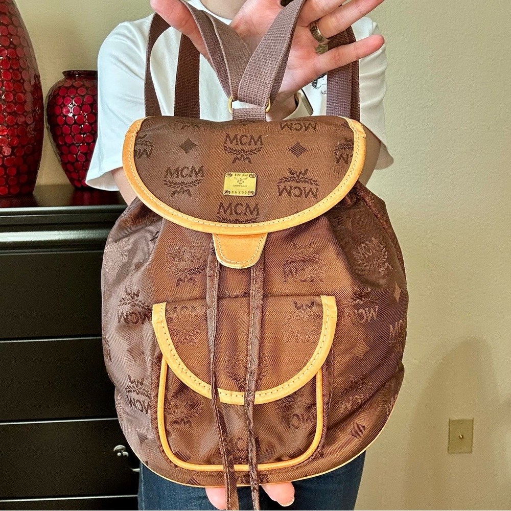 MCM Vintage Visetos Monogram Nylon Leather Drawstring Backpack